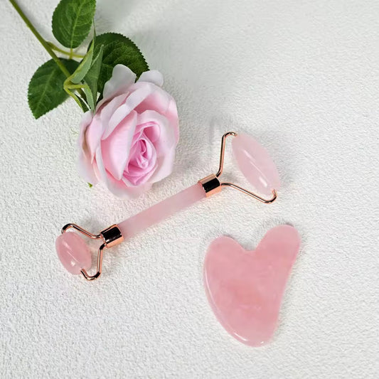 Rouleau visage & gua sha en pierre naturelle - Quartz rose - Mimi's Glow